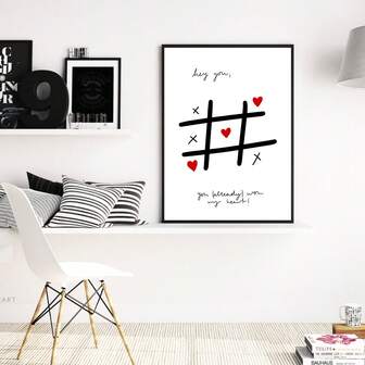 1pc Hey You, You Won My Heart! Wall Art Picture Romantic Tic Tac Toe Love Art Print Canvas Paintings Minimalist Aesthetic Posters Wall Decor For Bedroom, Living Room, Valentine's Day Gift Framed Or Unframed