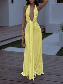 Women's Elegant Deep V-Neck Hollow Pleated Maxi Dress - Halter Neck Fitted Style, Suitable For Christmas Parties, New Year's Eve, Wedding Guests And Formal Occasions - Yellow - View 2