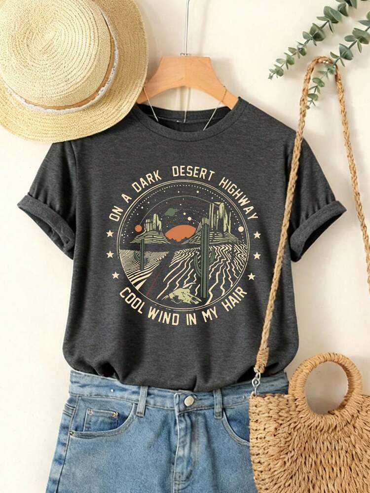 Camiseta de mujer de cuello redondo y manga corta de Howell, adecuada para uso diario, mejor opción para primavera y verano, estilo vintage con estampado exquisito, tela suave y cómoda, camiseta casual de mujer - Gris Oscuro - Añade 1