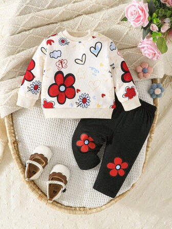 2 pezzi/Set Neonata Vestito Casual Carino con Stampa Floreale, Top e Pantaloni Lunghi Minimalisti