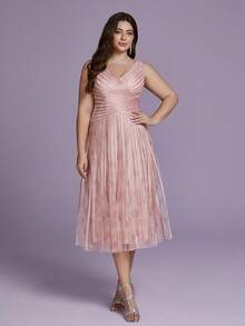 V-Neck Printed Mesh Draping Gown, High-End Evening Wear,Pink Dress - Pink - View 4