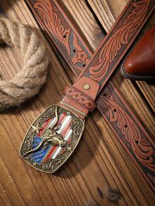 1 件男女通用波西米亚西部风格金属扣复古深棕色 PU 皮带，适合休闲和个性化搭配（含打孔器）