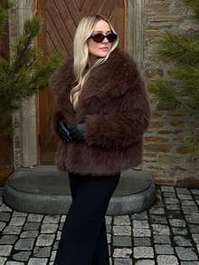 SHIBASHAN 女士冬季时尚仿皮草夹克带口袋长袖翻领毛绒外套时尚厚实保暖外套 - 深棕色 - 查看 5