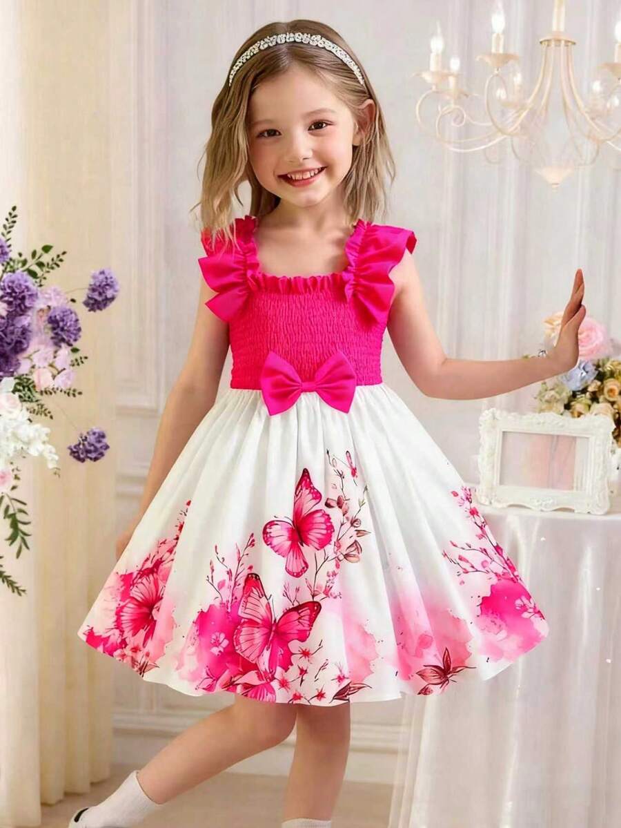 Đầm suông hở vai họa tiết hoa xếp nếp chữ A thời trang cho bé gái, mặc hàng ngày vào mùa hè, dùng ở nhà và ngoài trời