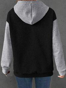 Áo sweatshirt nữ cỡ lớn màu trơn dệt jacquard dáng rộng thoải mái mùa xuân - Đen và xám - Xem 2