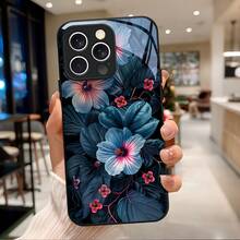 Funda de Teléfono de Vidrio Templado para iPhone 16 15 14 13 12 11 Plus Pro Max 5G Moda Azul Rosa Hibisco Estilo Realista Tono Oscuro Elegante - Colores mixtos - Ver 2