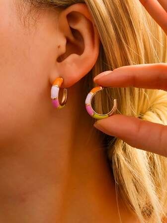 2只C形手工珐琅耳环，1大1小，女士款