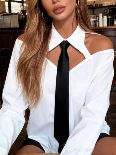 Women's Elegant Hollow Out Commuter Sexy Off-Shoulder Contrast Color Tie Cuff Long Sleeve Blouse