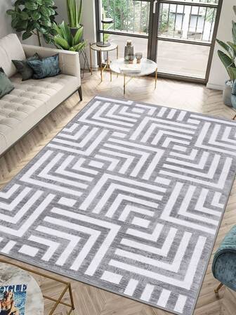 1pc Geometric Textured Pattern Rug, Black White Gray Printed Polyester Rectangular Easy Care Washable Area Carpet, Suitable For Living Room, Hallway, Bedside, Living Space, Bedroom, Office, Kitchen, Farmhouse Home Decor