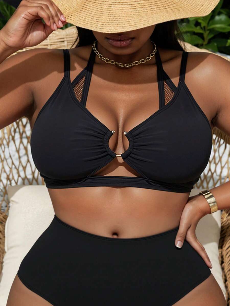 Slaydiva Plus Size Bikini Tops Cincin Plain Anggun - Hitam - View 1
