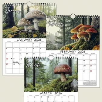 2026年蘑菇主题挂历，螺旋装订。新年/圣诞节/生日礼物，送给蘑菇爱好者。封面采用红白相间的森林蘑菇图案，装订牢固耐用。森林主题家居/办公装饰，月度计划表（1月至12月）。适合自然爱好者、蘑菇迷，也是一款实用的墙面装饰，采用生动的蘑菇插图和螺旋装订，是一款有趣的挂历计划表。