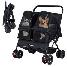 Double Pet Stroller W/ 2-Seater Carrier Adjustable Sunshade Removable Pad - Black - View 9