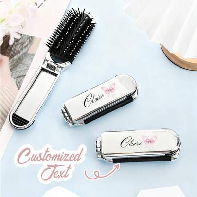 Customized Name Air Cushion Massage Comb, Travel Comb, Folding Comb With Integrated Mirror, Personalized Air Cushion Hair Brush, Customized Portable Travel Comb, Mini Comb (Wedding Gift For Friends, Her, Grandparents)