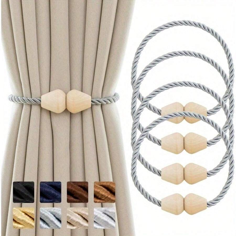 (Pack Of 4)Curtain Tiebacks Wooden Magnetic Curtain Tie Backs Boho 2pcs Rope Curtain Holders For Drapes Handmade Window Curtain Holdbacks, - Grey - View 1