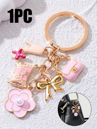 Pink Mini Bag Charm Keychain - Cute Metal Round Heart Theme Keychain, Decorated With Bows, Bags, High Heels, Candies And Delicate Flowers Pendants, Single Piece, Perfect Wedding Holiday Gifts Or Women's Handbag Accessories, Keychains, Unique Mobile Phone Accessories, Simple Design, Suitable For Women's Wallets And Mobile Phone Accessories,