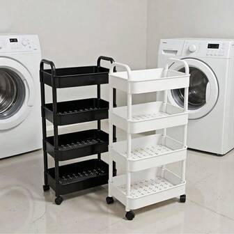 三层/四层滚动储物推车 - 黑/白塑料材质，适用于厨房、浴室、卧室和客厅收纳，多功能节省空间设计，可收纳瓶瓶罐罐、调味品、洗漱用品和清洁用品，纤薄移动式实用置物架，配有坚固的轮子和开放式搁架，可用于食品储藏室、洗衣房、工艺品制作和办公用品收纳，是感恩节招待客人和圣诞节家居收纳的理想节日礼物。