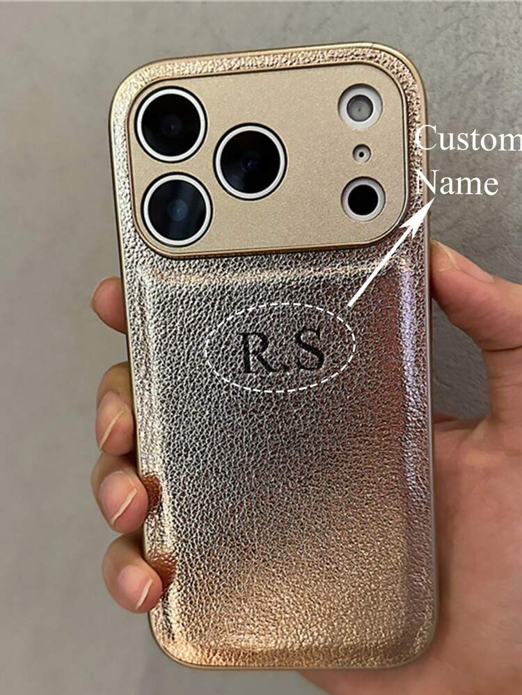 Personalized DIY Initial Name Faux Leather Phone Case, Compatible With IPhone 17/16/15/14/13/12/11 Pro Max Plus/17 Pro, Lens Shock Protection Back Cover - Gold - View 1