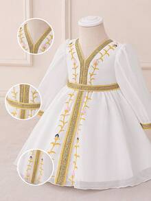 女婴长袖金属丝带刺绣雪纺派对连衣裙，适合节日庆典和家庭聚会，不含头饰 - 白色 - 查看 6