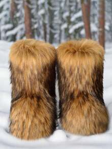 Grey Shaggy Faux Fur Mid Calf Boots, Round Toe Slip On Flat Women Christmas Halloween Party Gift Winter Snow Outdoor Warm Fur Boots - 棕色 - 查看 2