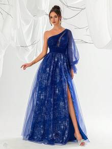 VIPGIRL Vestido de noche de una sola manga con linterna de malla azul marino para mujeres - azul real - Ver 6