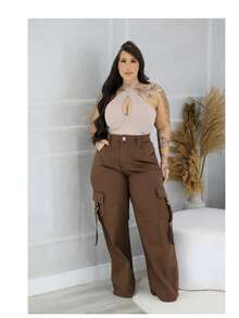Cargo Jeans, Wide Leg, Plus Size, Caramel Color, Casual, Pocket, Button, Zipper, Wedding, Office - Coffee Brown - View 1