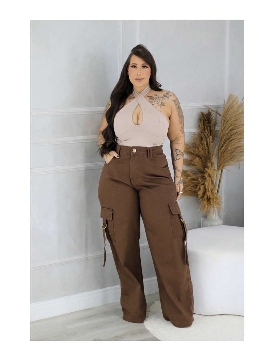 Cargo Jeans, Wide Leg, Plus Size, Caramel Color, Casual, Pocket, Button, Zipper, Wedding, Office - Coffee Brown - View 1