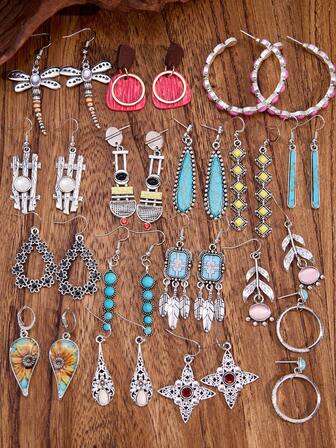 MONLOTTI Western Retro Exaggerated Bohemian Earring Sets, With Multi-Element Combinations, Various Styles, Easy To Match, Suitable For Wearing On Various Occasions. There Are Various Styles Such As Water Drop Flowers, Dragonfly Shapes, Long Turquoise, Large C-Shaped Earrings, Tassel Earrings, Four-Pointed Stars, Etc.