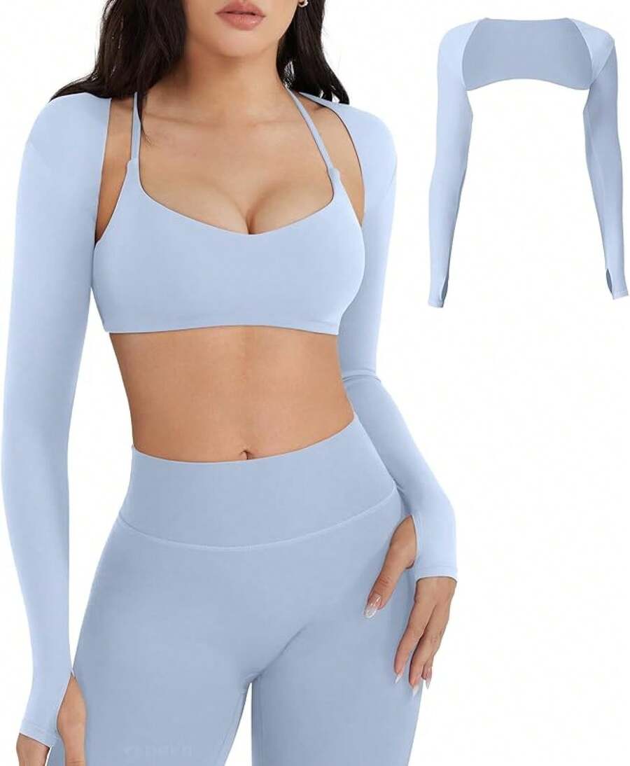 Women Crop Top Long Sleeve Bolero Open Front Workout Cropped Shirts Sports Shrug - 淺藍色 - 查看 1