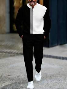 2-Piece Men's Black And White Contrast Tracksuit | Half-Open Collar | Breathable And Comfortable | Perfect For Everyday And Weekend Wear, Perfect For Casual Street Style - 黑與白 - 查看 2