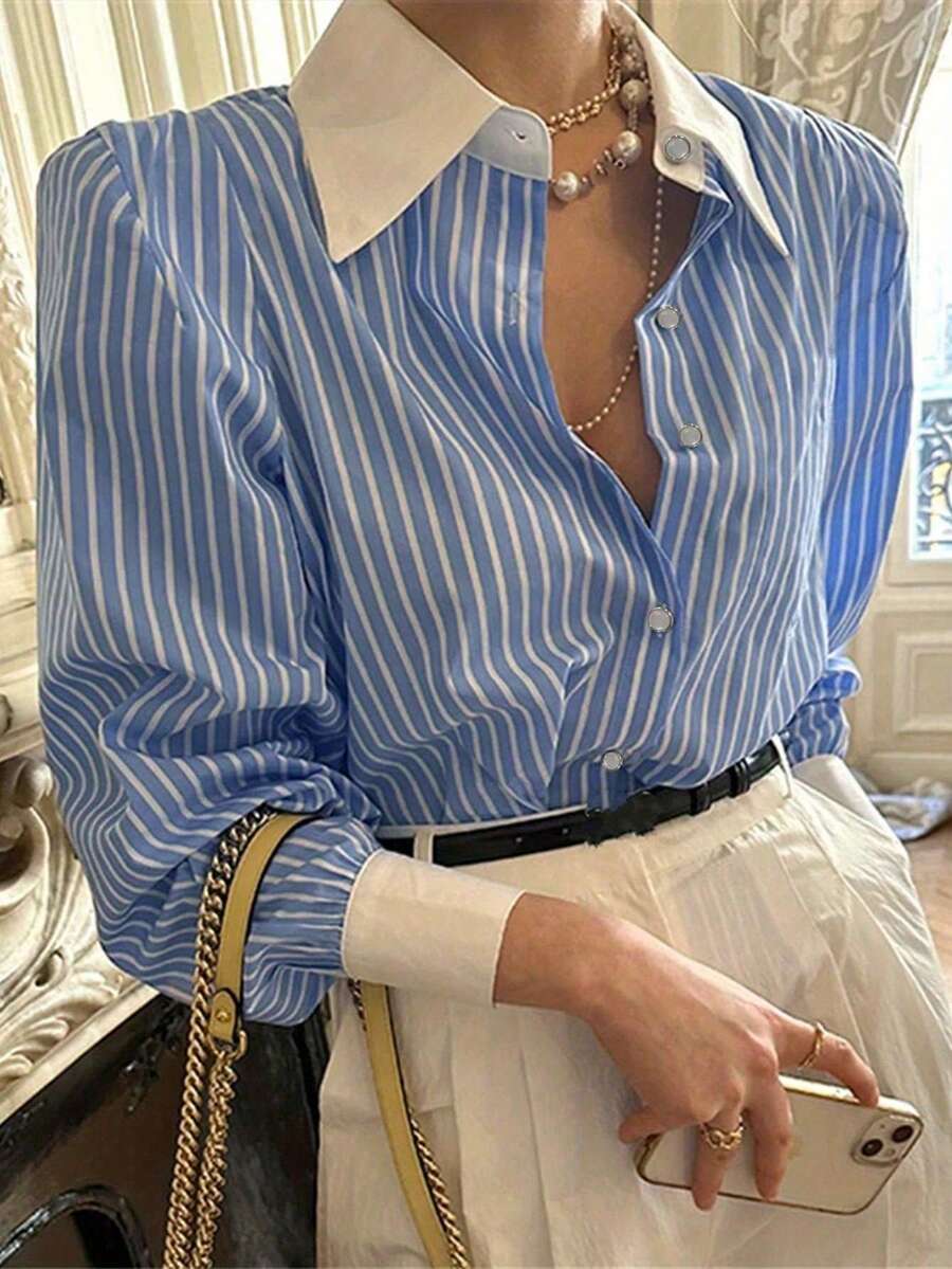 Pono Women's Spring And Autumn Versatile Casual Blue And White Striped Front Button Bubble Pulling Village Shirt,Suitable For Christmas, Thanksgiving,Discount Special Offer - Multicolor - View 1