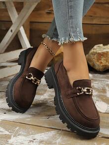 Spring/Autumn Fashion New Patchwork Solid Color Breathable Suede Metal Buckle Loafers, Versatile For Daily Commute, Vacation, Shopping, Suitable For All Seasons, Casual Slip-On Elegant Lady Style, Fashionable Decorative, Platform, Comfortable, Simple Classic Thick-Soled Coffee Brown Shoes - Brown - View 6