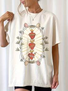 Catholic Boho Shirt Holy Family Hearts Shirts, Traditional Catholic Shirt, Vintage 90s Y2K Tee - Soft, Breathable Crew Neck Tee, Lightweight & Comfortable Casual Summer Wear, Women's Tops - trắng - Xem 1