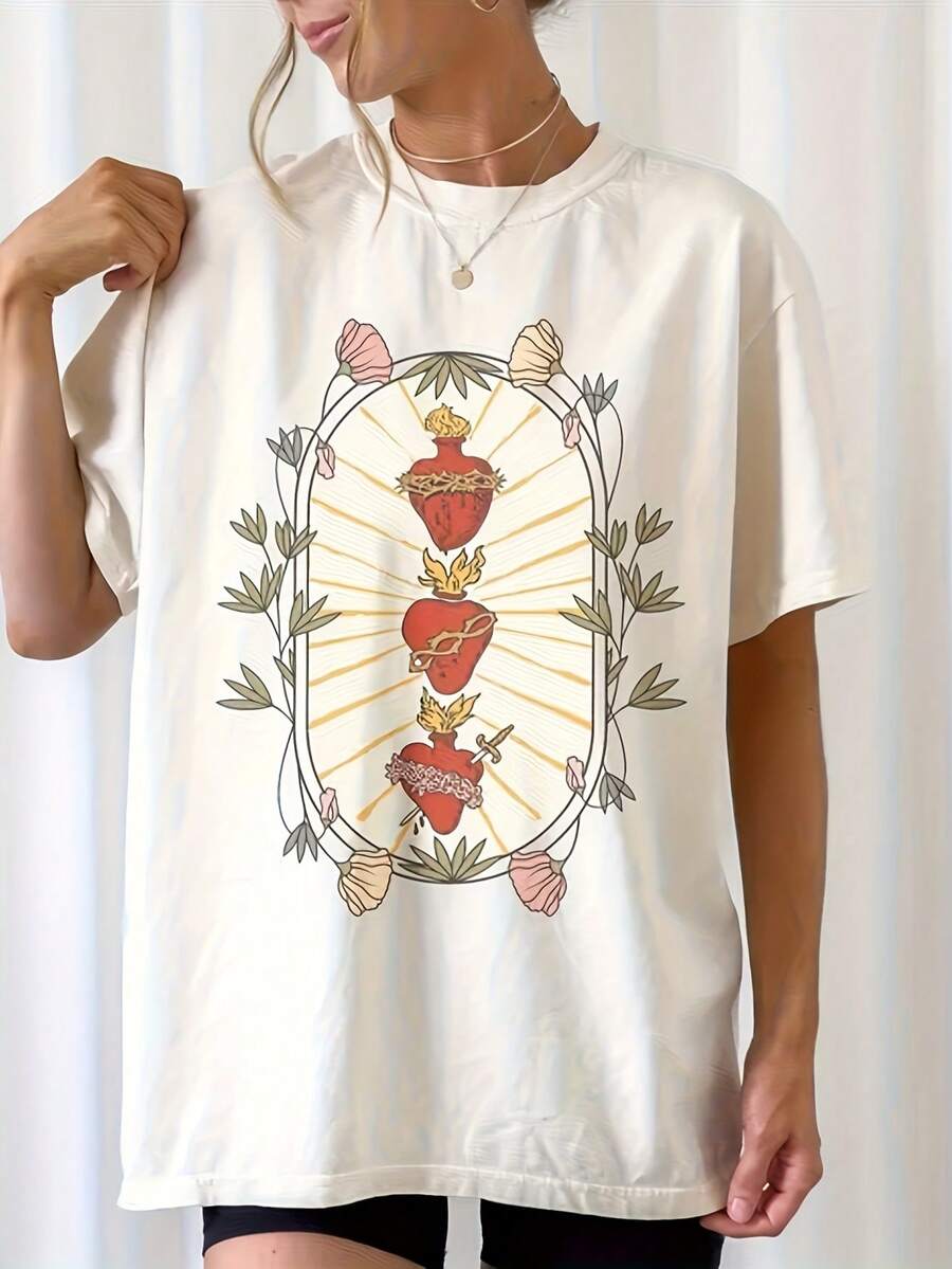 Catholic Boho Shirt Holy Family Hearts Shirts, Traditional Catholic Shirt, Vintage 90s Y2K Tee - Soft, Breathable Crew Neck Tee, Lightweight & Comfortable Casual Summer Wear, Women's Tops - trắng - Xem 1