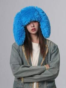 1pc Women's Spring Cute Cartoon Rabbit Ear Decoration Casual Soft Long Fur Warm Hat, Suitable For Daily Wear, Gift