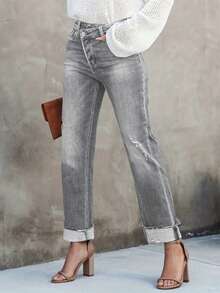 Elegant Women's Straight-Leg Jeans With Button, Zipper, Pockets And Distressed Details, Suitable For Party Or Casual Everyday Wear Spring - Light Grey - View 4