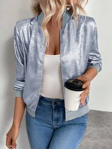 Keke Bloomly 女士新款轻薄长袖拉链休闲外套，闪亮金属面料，棒球款，时尚百搭，适合工作、度假等各种场合。