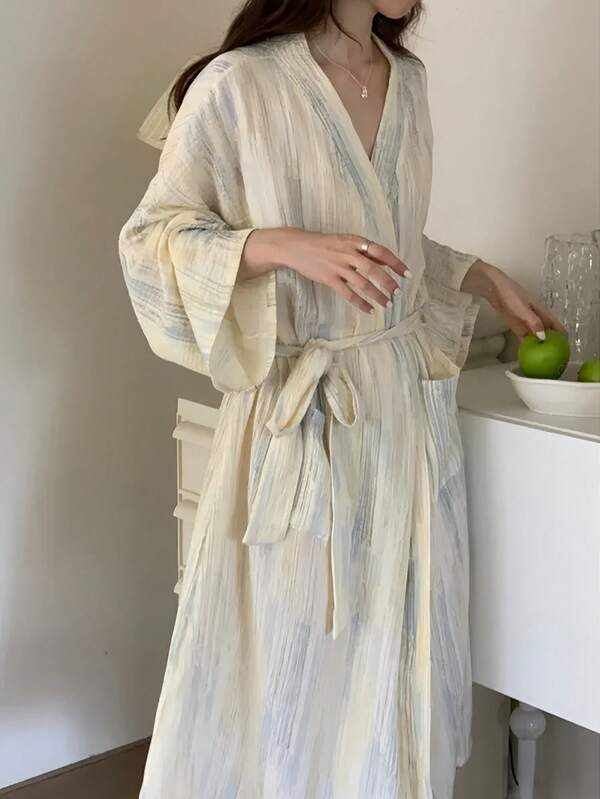 1Pc Women's Bathrobe, Kimono Robe, House Robe,Sleepwear, ,Winter Robe,Minimalist European Style Long Sleeve, Spring,Autumn, Petite To Plus Size, Lightweight Solid Color Loungewear,Bathroom, Back To School