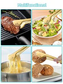 2pcs/4pcs Champagne Golden Stainless Steel Serving Tongs, 9" Easy Grip - Mirror Polished Half-Circle Bread Clamp Service Clips For Steak/Food, Perfect For Buffet & Parties, Kitchen Gadgets - Gold - View 5