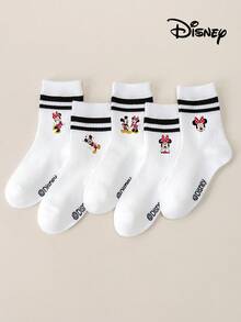 Disney 1/5双装黑色平行条纹白色青少年中筒袜，可爱卡通图案，时尚休闲透气学生袜，适合日常穿着、返校季、节日礼物、女童袜、男童袜、儿童袜，日常穿着/派对礼物/复活节/春夏/薄款 - 紅色 - 查看 5