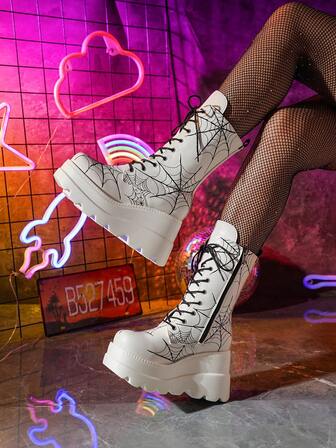 Women's Embroidered Platform Chunky Heel Boots, Gothic Style Spider Web Short Boots, Fashion Mid-Calf Boots