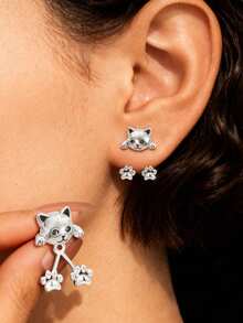 Cute Cartoon Cat Stud Earrings, Petite & Versatile Earrings For Women - Silver - View 1