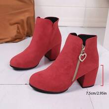 Women's Elegant Fashion Chunky Heel Fabric Texture Boots, Gold Heart Metal Zipper Closure, Pointed Toe Round Heel & Side Zipper Details - Winter Red Boots, European & American Style, Suitable For Casual To Formal Occasions, Office And Daily Wear - Comfortable Durable Rubber Sole, Fabric Upper, Women's Zipper Solid Color Ankle Boots And Short Boots, Standard Size - 紅色 - 查看 12