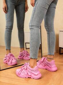 Comfortable And Simple Fashion Outdoor Casual Shoes, City Series, With Lace Design, Commuting, Fitness, Travel, Chunky Shoes Style, Round Toe, Low-Cut, Color Block, Versatile, Gift For Festivals, Women's Sports Shoes Design. Versatile And Suitable As A Holiday Gift. Women's Athletic Shoes - 粉紅色 - 查看 6