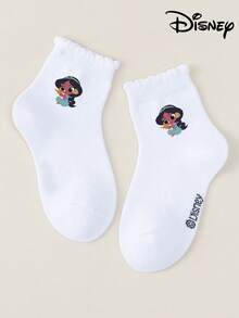 Disney 1/5双公主可爱袜子，艾莎美人鱼图案，中筒袜，韩版卡通，男女童袜，儿童袜，适合日常穿着/派对礼物/复活节/春夏/轻薄甜美可爱，卡通图案，时尚休闲透气学生袜，适合日常穿着、返校季、节日礼物