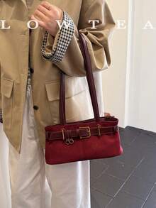 1pc Low Tea Solid Color Suede Fabric Shoulder Bag, Women's Retro Fashion Square Shoulder Bag With Top Double Handles, Zipper Closure, Suitable For Travel, Shopping, Dating, Women's Gift, Great For Commuting, Outdoor, Travel, Hiking - Burgundy - View 5