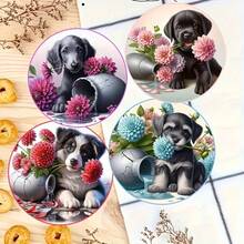 1 Set Of 8-Piece Adorable Dog And Floral Patterned Coasters - Wooden Drink Coasters, Perfect Home Decor Gift, Animal Theme, Kitchen Accessories, Valentine's Day Gift, Available As 1 Set, 2 Sets Or 23 Sets