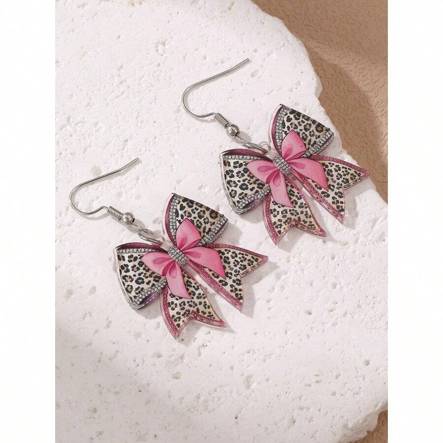 1 Pair Fashionable Leopard Print Bow Acrylic Flat 2D Earrings, Versatile For Daily Wear And Party Accessories - Nhiều màu - Xem 1