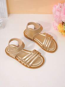 1 Pair Of Children's Gold Thin Strap Sandals With Metallic PU Material, Exposed Toe, Low Top Buckle, Flat Heel, Dreamy Princess Style Sandals, Holiday Celebrations, Daily Wear Shoes, School Shoes - Gold - View 3