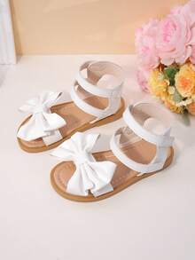 1 Pair Of Girls' White Big Bow Sandals Made Of Faux Leather Material, With Exposed Toes, A Middle Top, Hook And Loop, Flat Heels, Sweet Princess Style, Roman Sandals, Birthday Party Performance, Daily Shoes - White - View 2