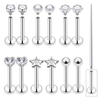 13 piezas de joyas de piercing de acero inoxidable con rosca interna, pendientes de cartílago, anillos de labio con rhinestone para nariz/trago/concha/hélix/cartílago/labio para mujeres y hombres (8mm)